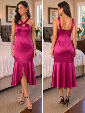 Aidan Mattox Raspberry Liquid Satin Midi Dress MN1E204300 Pink 4